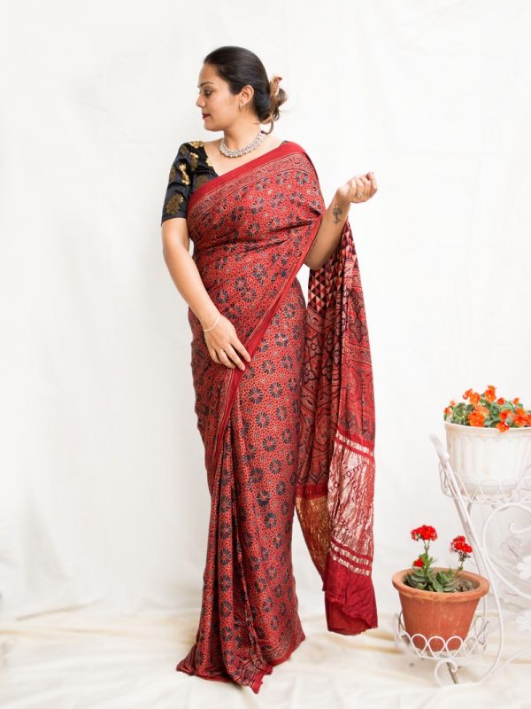 Alluring Maroon Ajrakh Printed Modal Silk Saree with 1 Blouse Piece