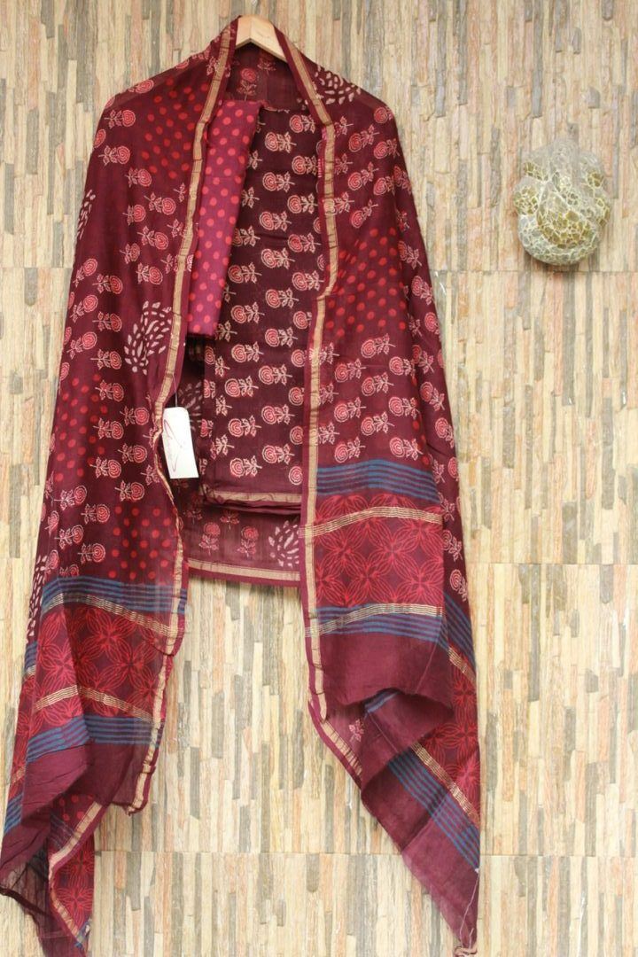 Mahroon Block Printed Chanderi Suit