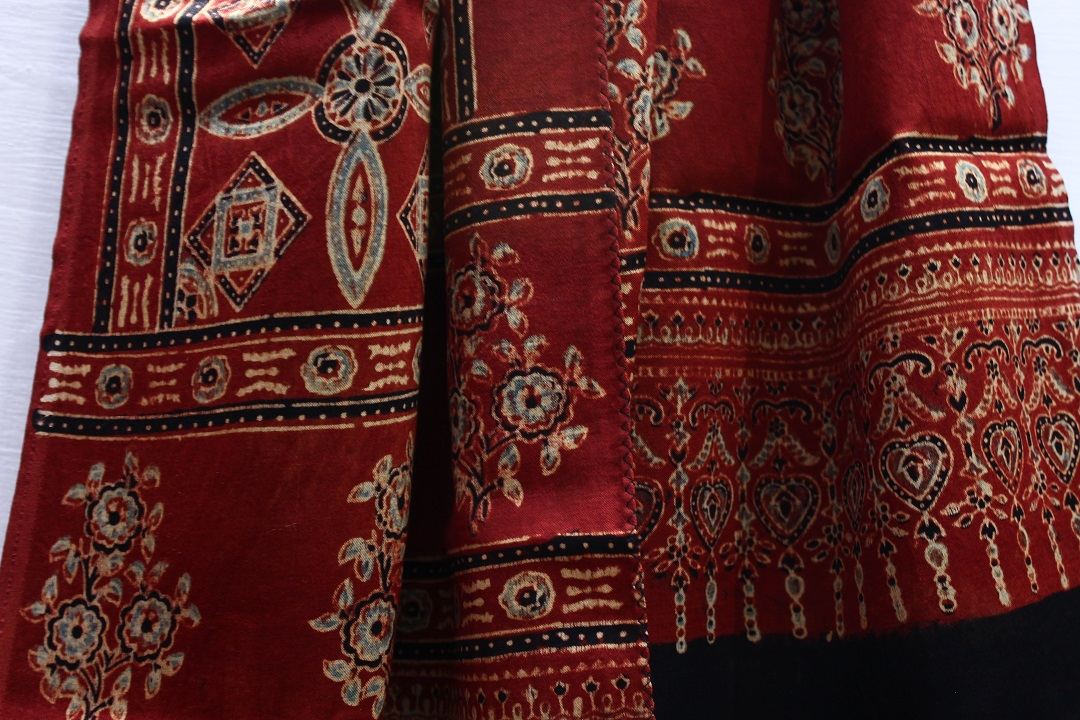 ‘Mandagani ‘ maroon colour mashru silk stole with ajrakh print
