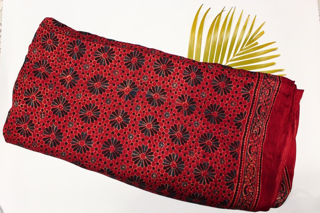 “Mandagani” maroon color modal silk handblock natural dyed ajrakh printed saree