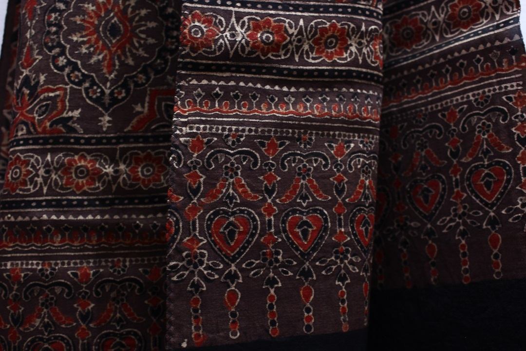 ‘Mandagani ‘ brownish colour mashru silk stole with ajrakh print
