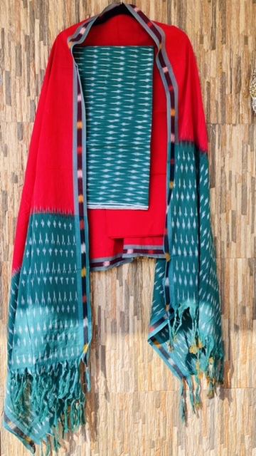 Red Blue Ikkat Cotton Suit Set