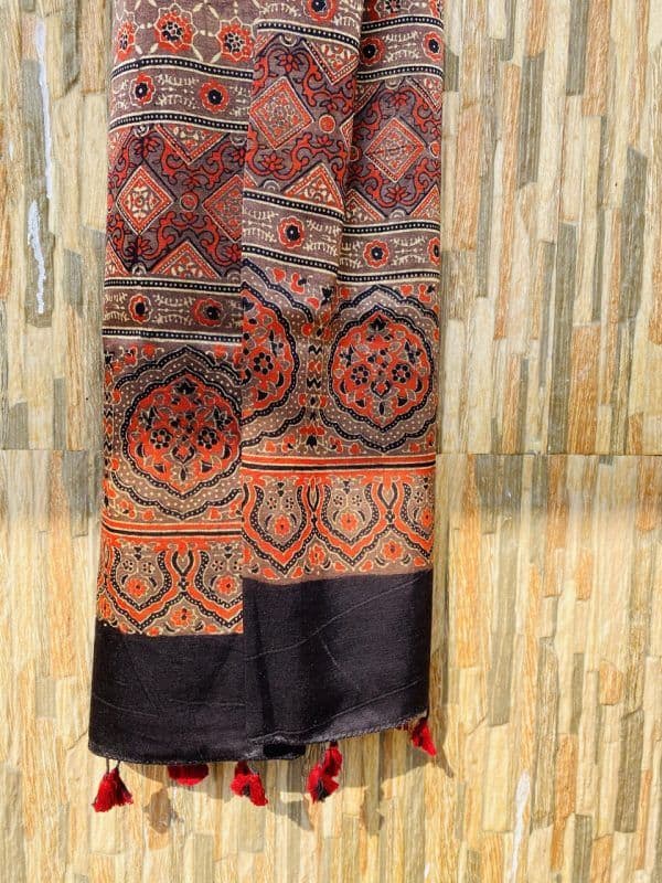 Mashru Silk Stole in Brown with Ajrakh