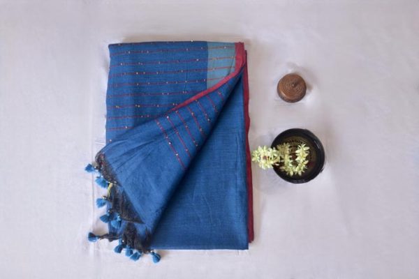 Rpyal Blue Cotton Saree with sequence work