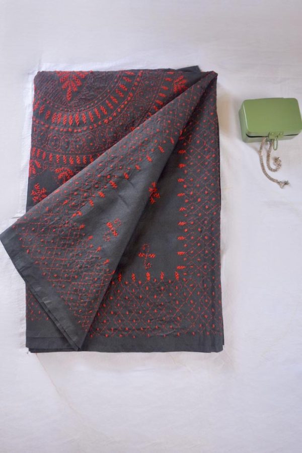 Kantha Emroidered Silk Saree - Red on Grey