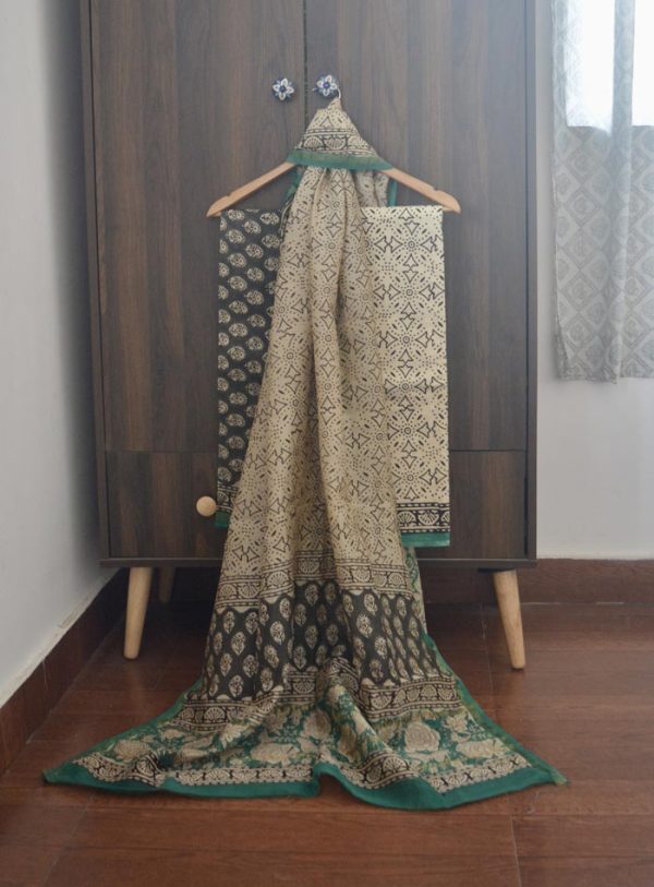 Chanderi Silk Block Printed Suit Set - Brown